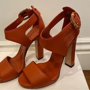 Gucci Scarlet sandal heels with brown bamboo buckle